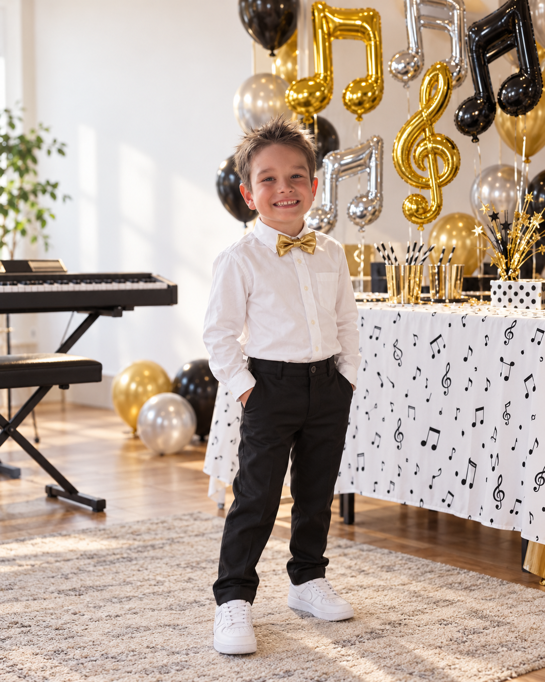 John Grandjean smiling at his music-themed birthday party, wearing a gold bow tie next to a piano